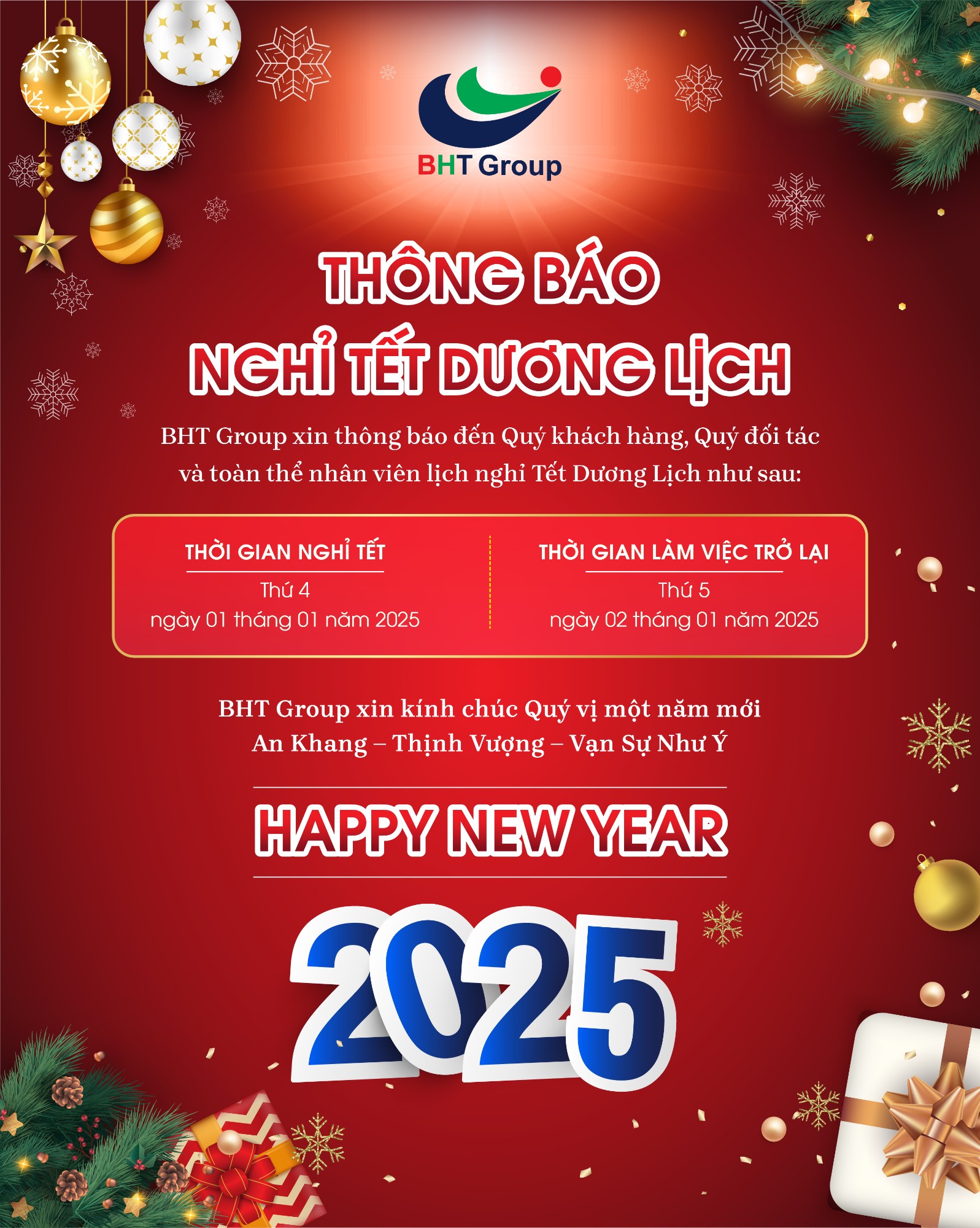 ANNOUNCEMENT: NEW YEAR HOLIDAY SCHEDULE 2025